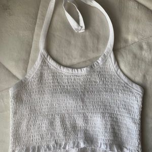 white crop top with tie neck